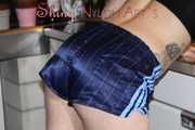 Watching sexy COURTNEY wearing a darkblue shiny nylon shorts and a top while preparing coffee and doing her housework (Pics)