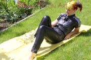 Mara sunbathing and swimming in the pool wearing a supersexy black adidas shiny nylon rainwear (Pics)