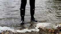 Hunter boots peeping by the wild wanker at the lake