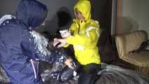 Sexy Sandra and Stella both wearing shiny nylon rainwear playing with shaving cream and eachother (Video)