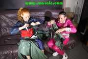 Ronja and Stella destroying shiny nylon rainwear both wearing that stuff (Pics) Part 2