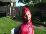 Watch Sandra bound, gagged and nylonhooded in her shiny nylon Rainwear