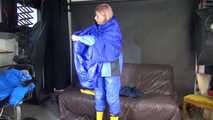 Watching sexy Pia wearing sexy blue shiny nylon rainwear and yellow rubber boots raking leaves (Video)