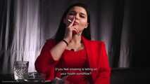 Lady in red Nastya is smoking and giving an interview