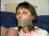 48 Yr OLD WAITRESS UPSKIRT BALL-TIED & WRAPPED TAPE GAGGED CAPTIVE (D25-15)