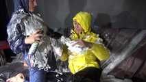 Sexy Sandra and Stella both wearing shiny nylon rainwear playing with shaving cream and eachother (Video)