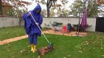 Watching sexy Pia wearing sexy blue shiny nylon rainwear and yellow rubber boots raking leaves (Video)