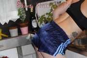 Watching sexy COURTNEY wearing a darkblue shiny nylon shorts and a top while preparing coffee and doing her housework (Pics)