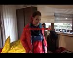 Jill wearing a sexy red shiny nylon pants and two shiny nylon rain jackets posing and playing with the viewer and her hoods (Video)
