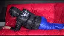 Watching Sonja preparing her sofa wearing a supersexy blue shiny nylon raver pant and a black down jacket (Video)