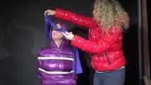 Watching Pia being tied and gagged with belts and a ball gag on a stool from Sophie wearing a sexy purple/blue downwear combination (Video)