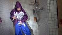 Sexy Sandra during her shaving cream action in the shower wearing a sexy blue shiny nylon rain pants and a shiny nylon purple rain jacket (Video)