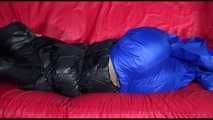 Watching Sonja preparing her sofa wearing a supersexy blue shiny nylon raver pant and a black down jacket (Video)