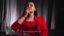 Lady in red Nastya is smoking and giving an interview