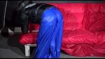 Watching Sonja preparing her sofa wearing a supersexy blue shiny nylon raver pant and a black down jacket (Video)