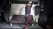 Pia wearing a sexy black downwear tied and gagged overhead with ropes(Video)